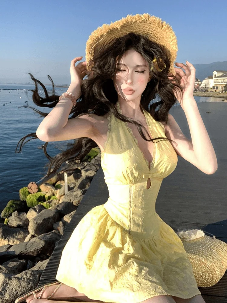 

SYJ Comfortable V-Ne Hanging Ne Dr Women's Beach Vaion Sle Slim Fit ort Skirt Casual High Waist Knot