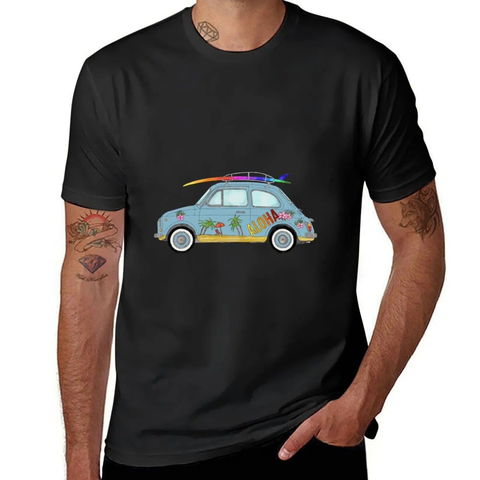 Fiat 500 with surf board T-Shirt blanks graphics customs heavyweight t shirts for men