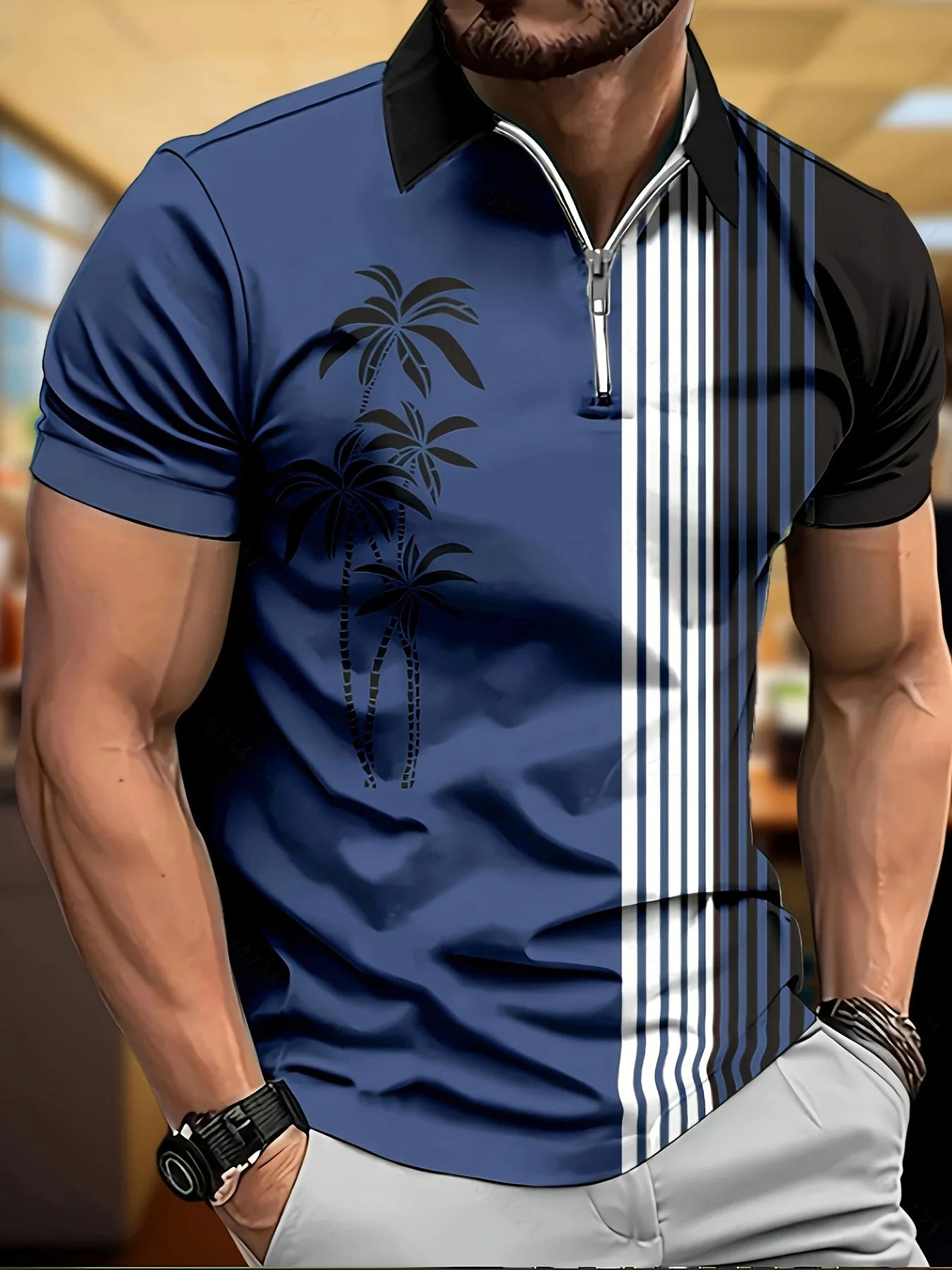 The 2025 Summer New Men's Zippered Short-Sleeved POLO Shirt Is Casual and Comfortable on the Street with 3D Coconut Tree Print