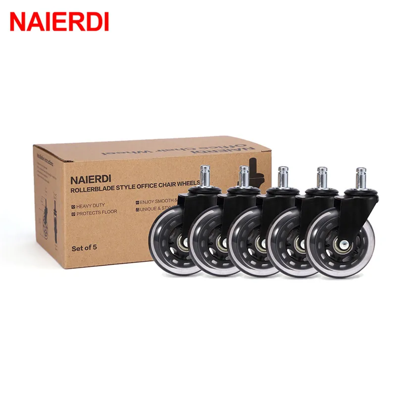 5PCS NAIERDI 3" Universal Mute Wheel Office Chair Caster Replacement 60KG Swivel Rubber Soft Safe