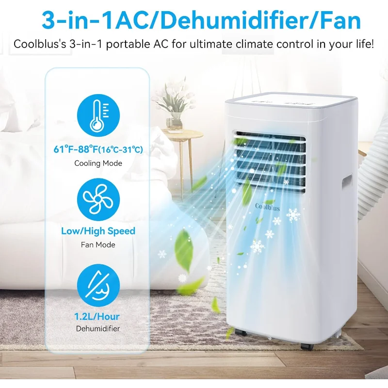 Climatiseurs portables 8500 BTU refroidis jusqu'à 360 pieds carrés, unité ca portable 3 en 1 avec télécommande/affichage LED/minuterie 24 heures