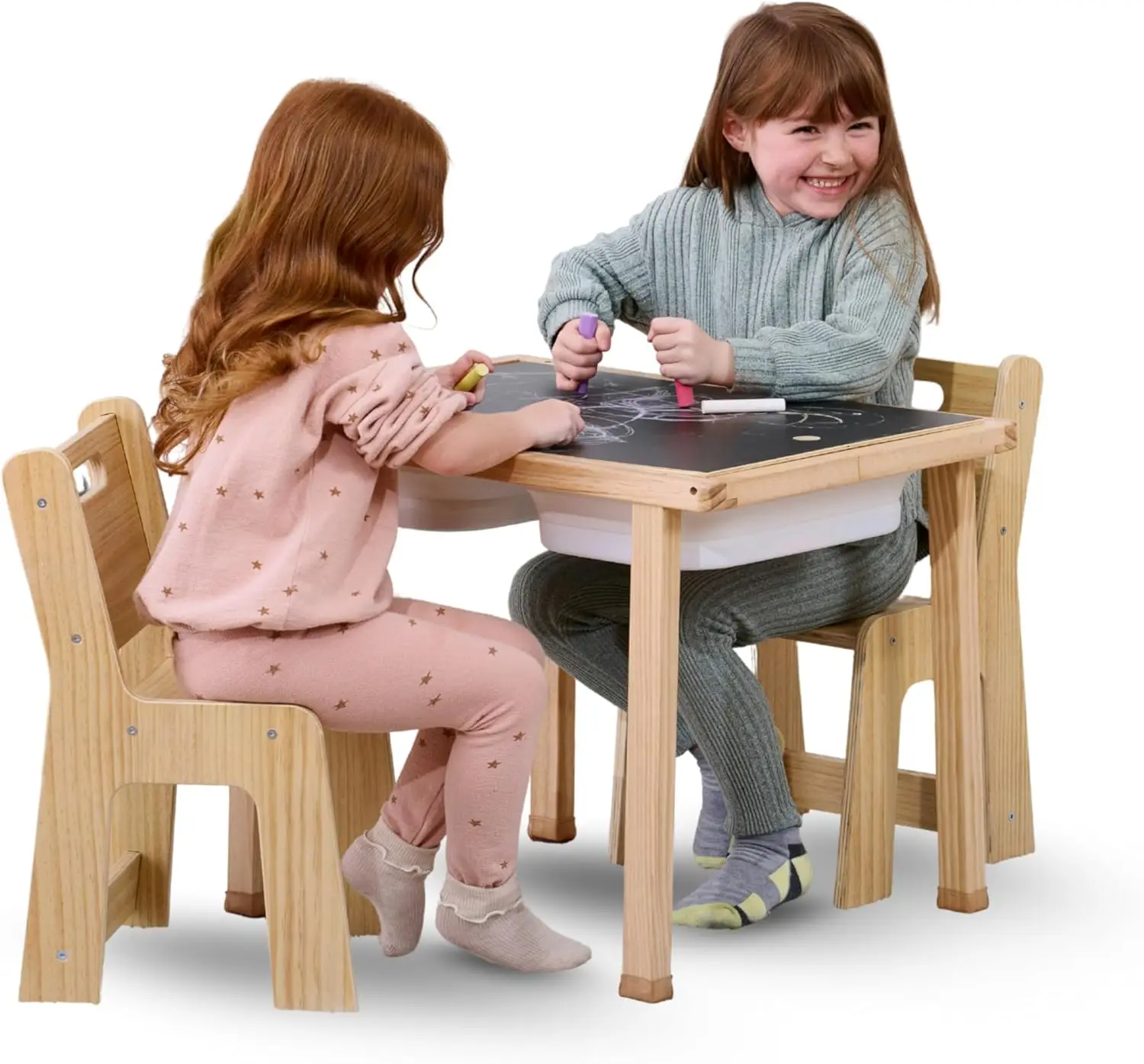 

Cordia Kids Table and Chair Set - Montessori-Inspired Kids Workbench - with Two Chairs, Two Collapsible Bucket Inserts, and Chal
