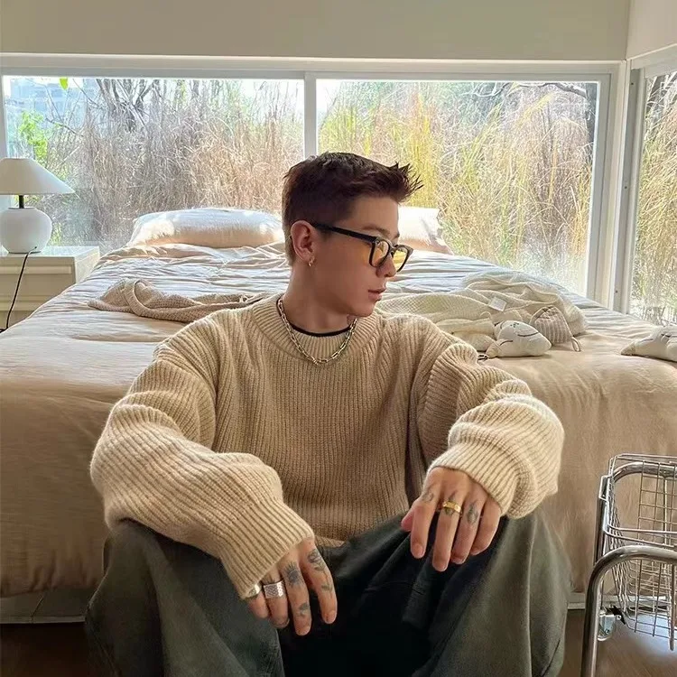 

Корейский коврик с текстурой, дизайн, мужской свободный вязаный свитер, круглый пуловер, осень-зима, модная повседневная молодежная одежда