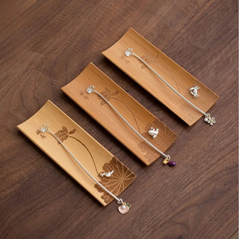 Bamboo Tea Appreciation Two-piece Set Lotus Leaf Natural Bamboo TeaDial Tea Leaf Holder Silver Teaspoon KungFu TeaSet Accessorie