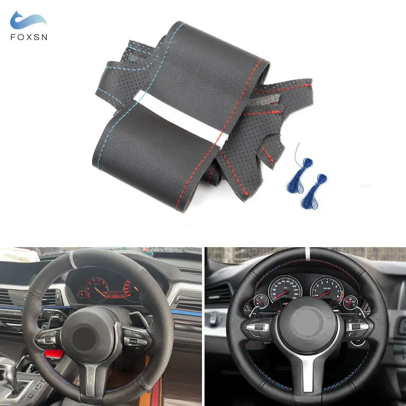 

For BMW M Sport F30 F31 F32 2013-2019 F10 F20 F45 F48 F25 F26 F15 F16 Car Steering Wheel Leather Cover red blue line white strip
