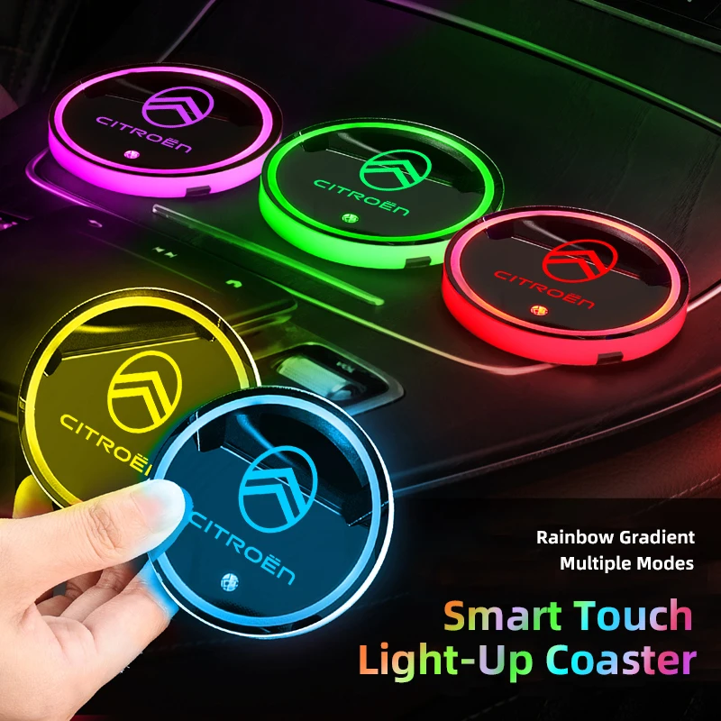 Porta-copos LED luminosos para carros Citroen, compatíveis com os modelos C4, C3, C2, C1, DS3, Xsara Grand, com carregamento USB e chaveiro.