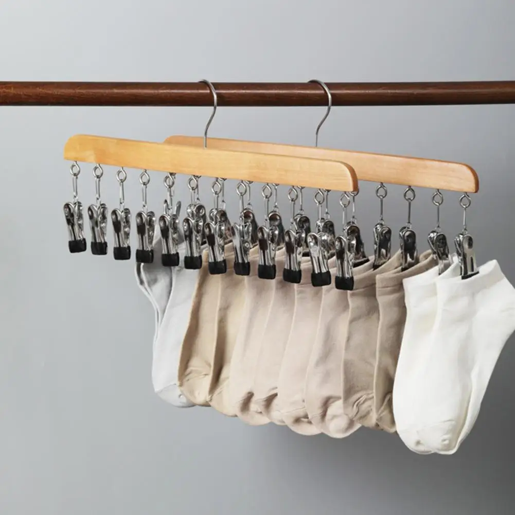 

12 Clips Sock Hanger Solid Wood Clothing Drying Hanger with 12 Windproof Clips for Socks Underwear Towels Organizer for Hats