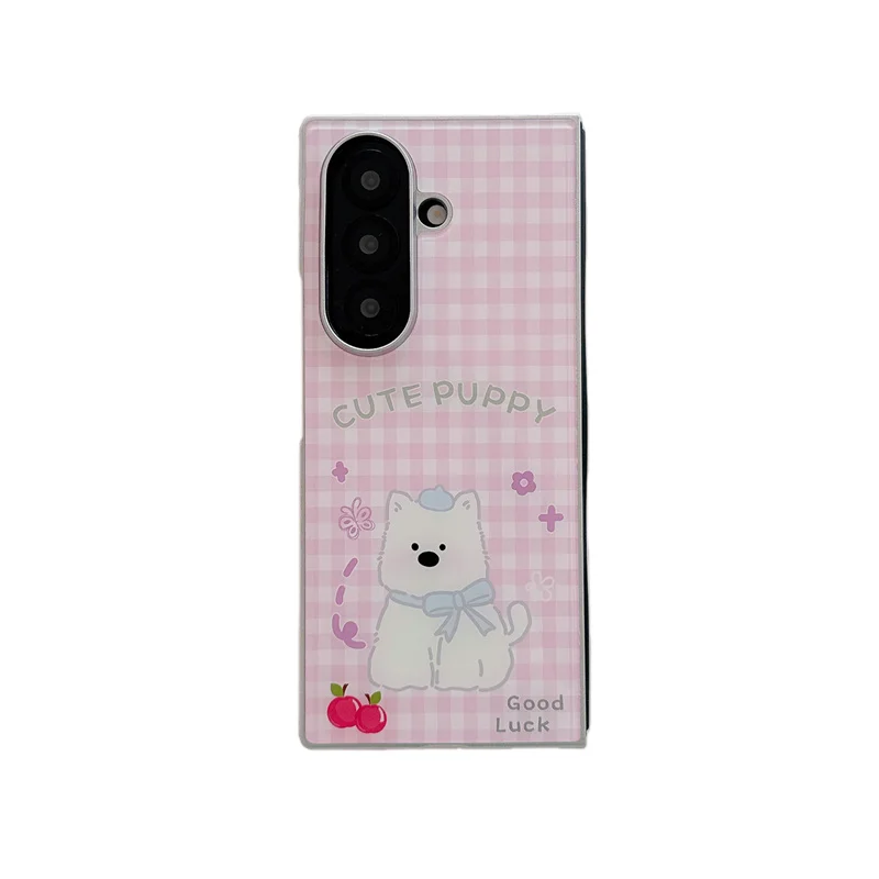 Cute Kawaii Cartoon Puppy Bunny Bear Phone Case For Samsung Galaxy Z Fold 7 6 5 Pastel Plaid Floral Foldable Protective Cover Fo