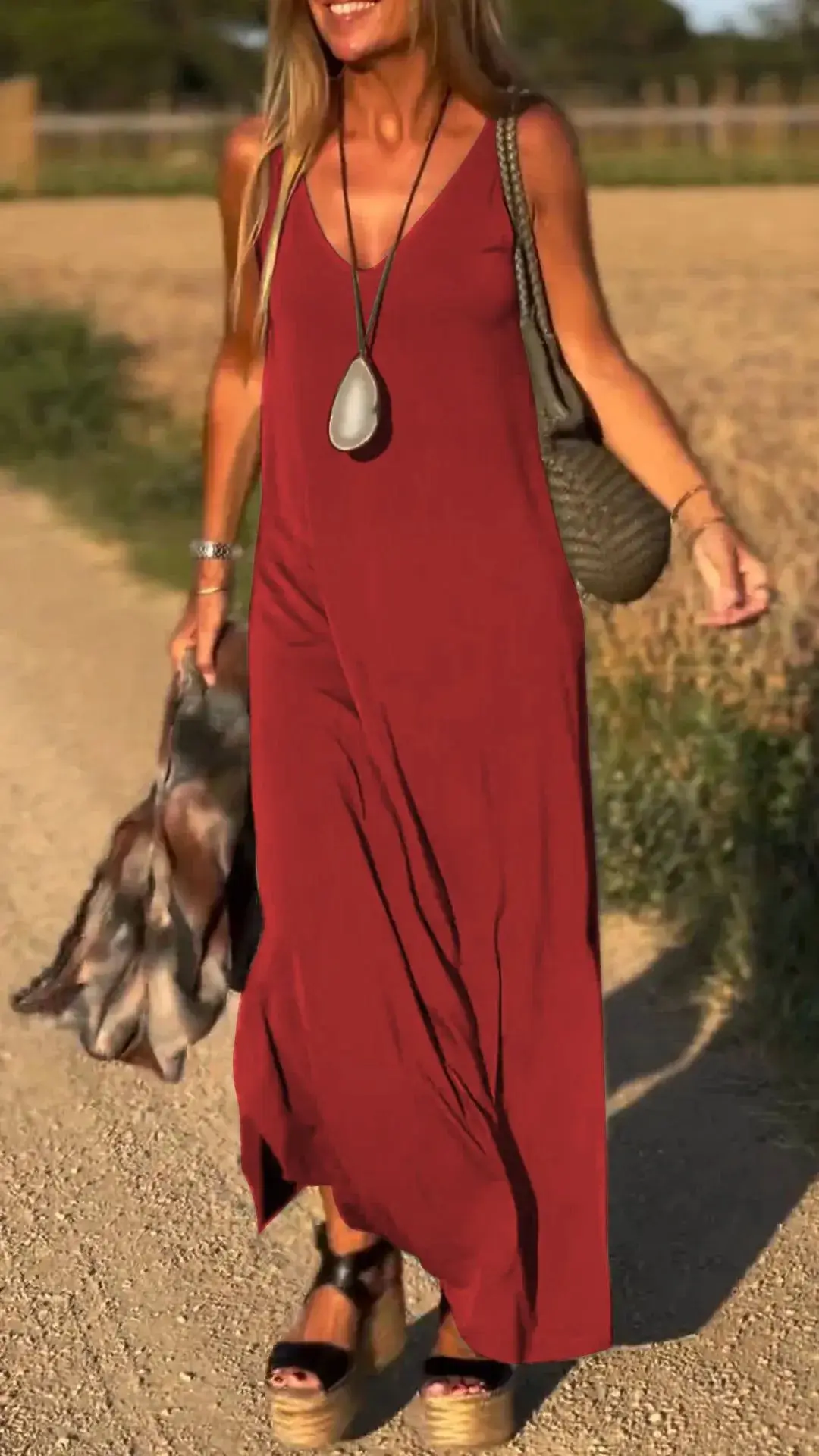 Abito senza maniche con scollo a V moda sexy da donna Abito lungo estivo in tinta unita