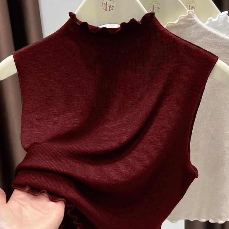 

Summer Apricot Knitted Women's Korean Loose and Versatile Fungus Side Collar Sleeveless Pullover Vest