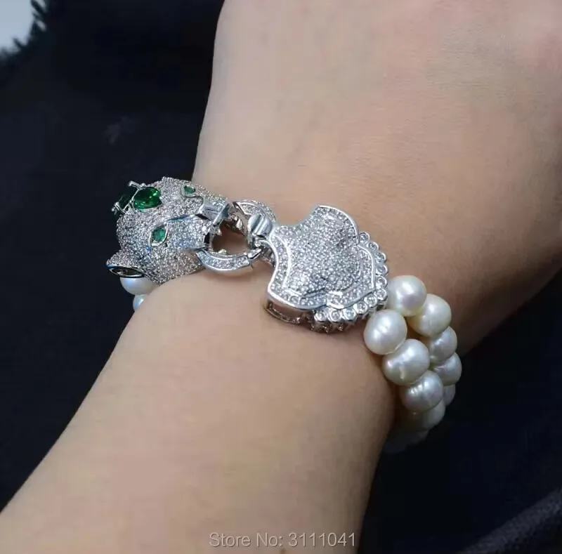 Set 2 Rows Freshwater Pearl Nature White Round 7-8mm 8-9mm Bracelet Necklace Green Zircon Leopard Hook