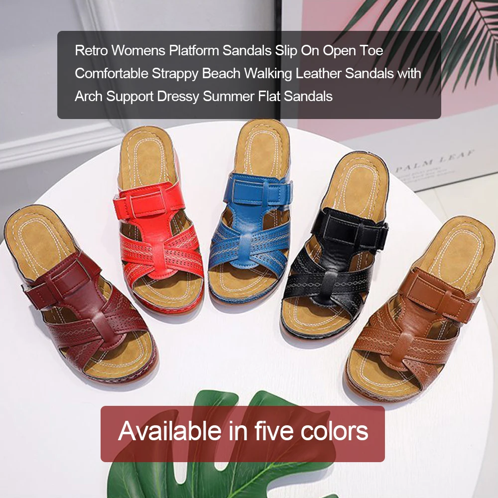 

Винтажные женские сандалии без шнуровки с открытым носком, удобные пляжные прогулочные кожаные сандалии с ремешками и поддержкой свода стопы