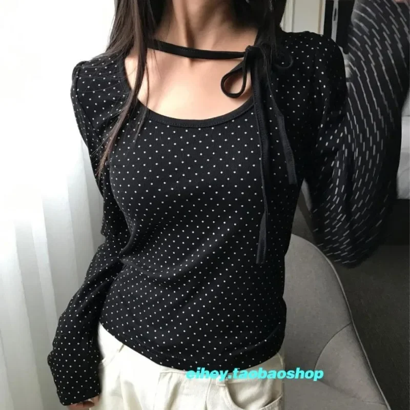 Streetwear Polka Dot Casual Long-sleeved T-shirt Women 2024 Autumn New Korean O-neck Lace-up Black Sexy Slim Tops