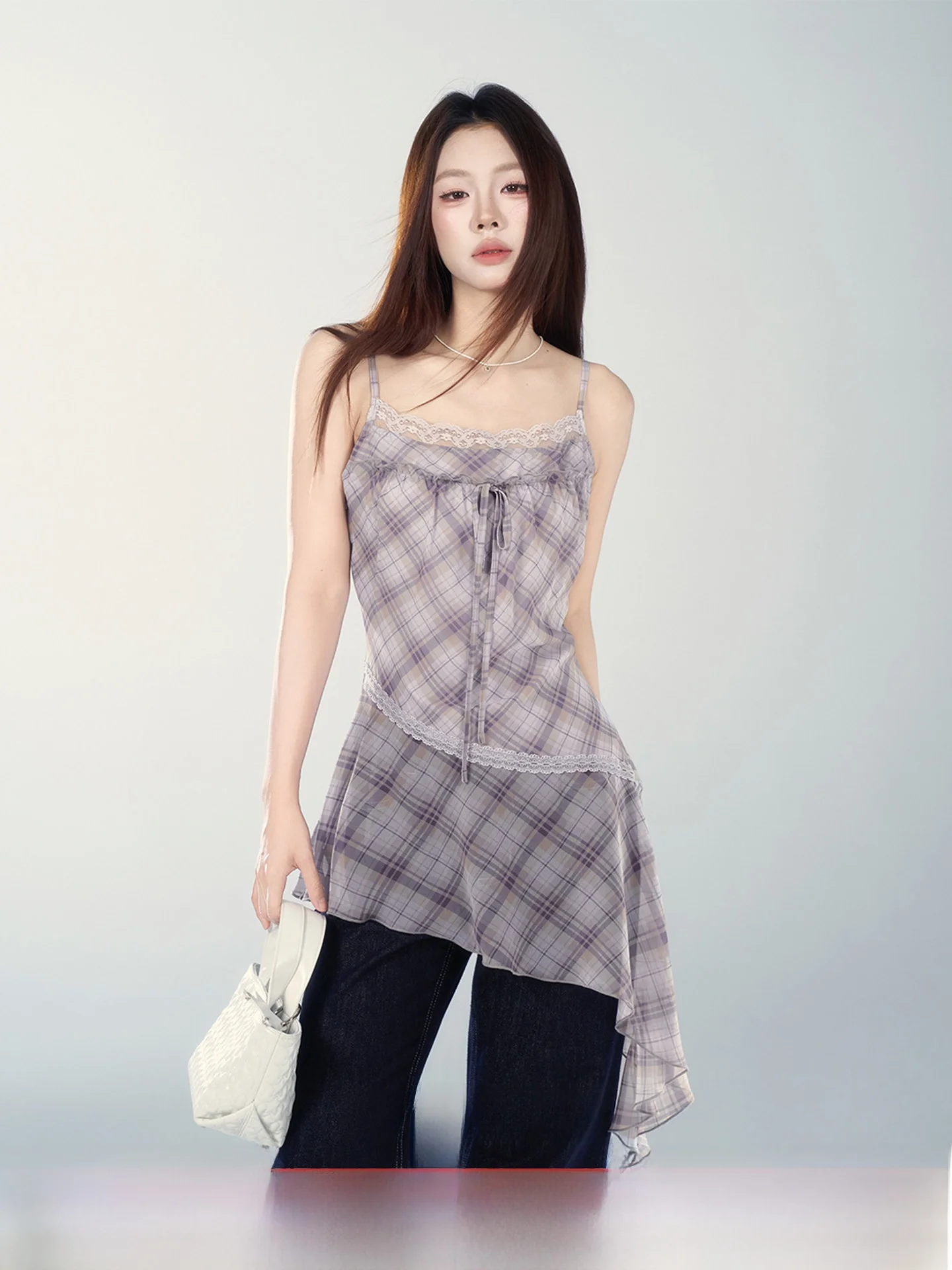 

Фиолетовая клетчатая юбка А-силуэта с завышенной талией для женщин, длинная, для офиса, весна 2026, новинка, элегантная, короткая, с рукавами.