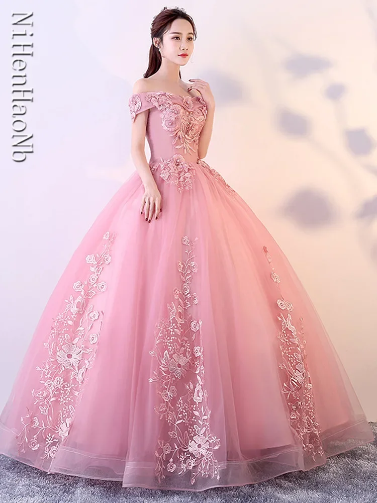 Vestidos De quinceañera con hombros descubiertos, apliques De cuentas, vestido De baile De graduación, Vestidos De baile De Mascarada hinchados, rojo y rosa