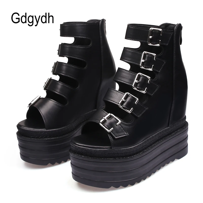 Gdgydh Goth Style Women\'s Platform Sandals Buckle Straps Open Toe High Heels Fashion Dress Pumps Wedge Heel Back Zipper