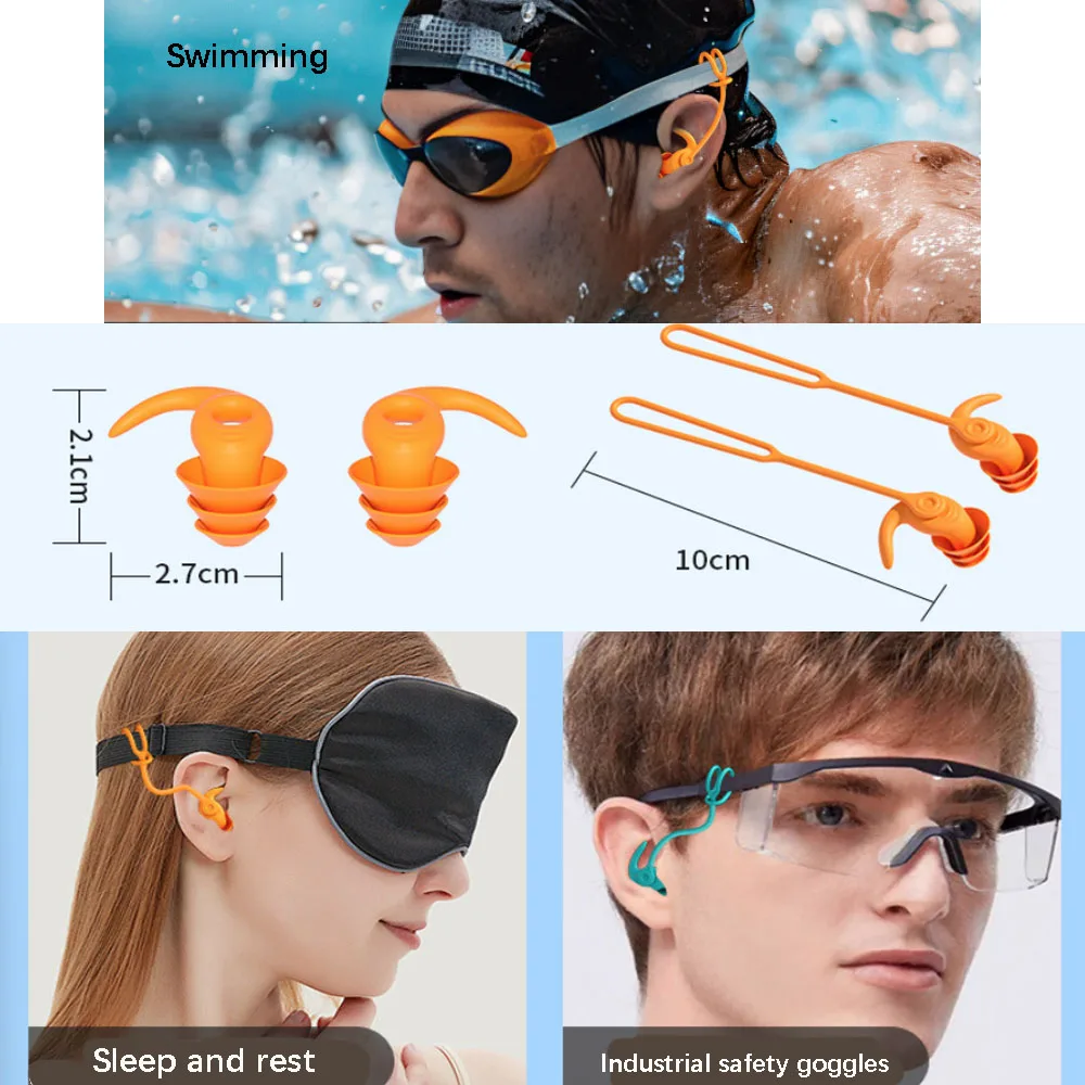 Three-Layer Sound Insulation Swimming Earplugs with Rope Strap Water Entry Prevention Quiet Earplug for Swimming