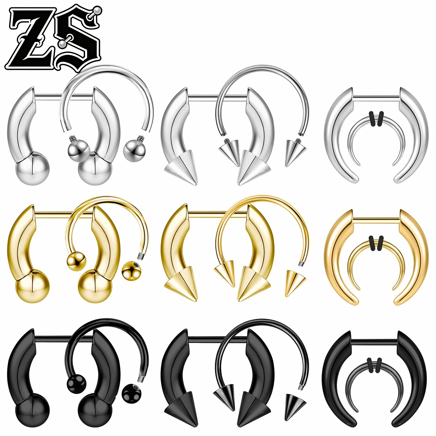 ZS 16G 2 Stück/Set Steckbare Edelstahl Septumringe Unisex Nasenring Ochsenform Taper Spike Nasenloch-Piercing Schmuck 8/10MM