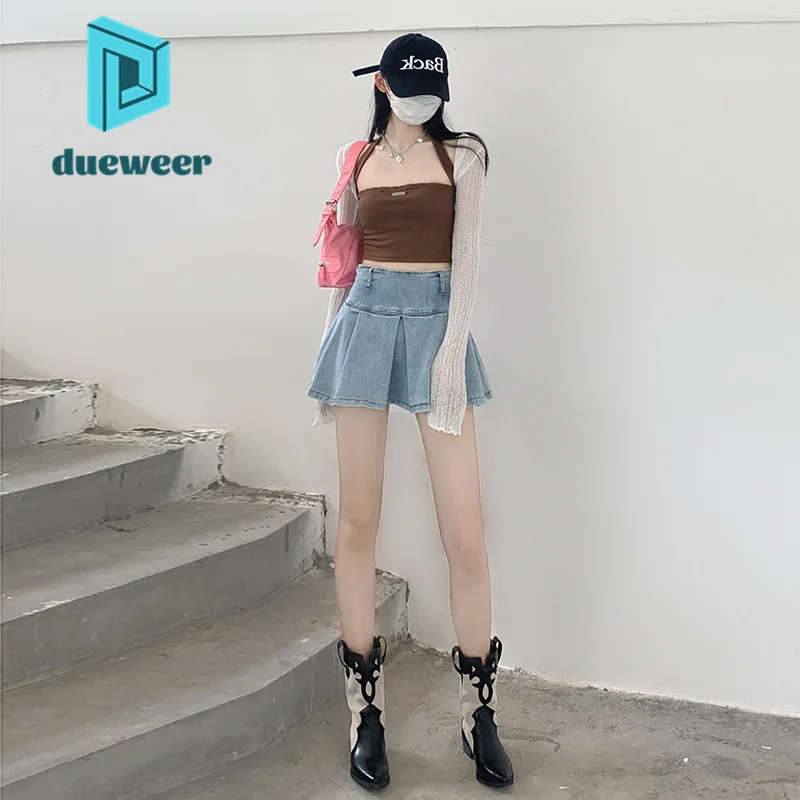 DUEWEER A line pleated skirt 2022 summer stretch wrap denim skirt with shorts women harajuku mini sexy skirt korean fashion