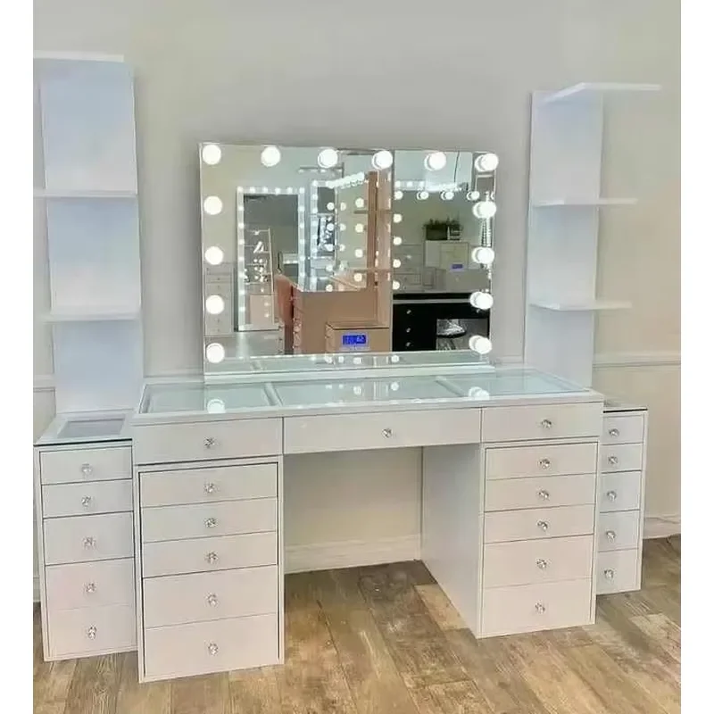 Modern Stylish Glass Dressing Table LED Lighted Mirror Adjustable Features Storage Drawers Solid Wood Frame Multifunction