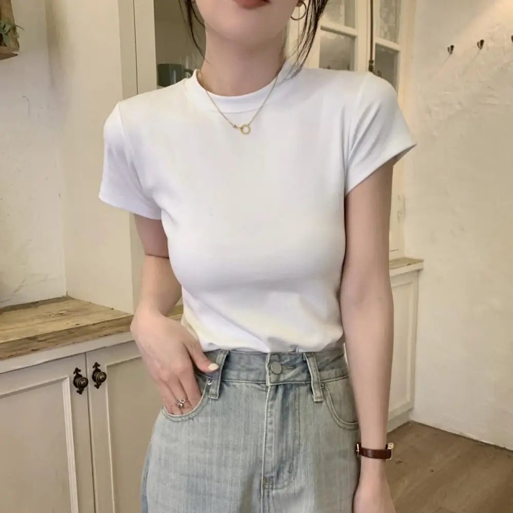 

Women Summer Tee Shirt Stylish Women's Slim Fit T-shirt Soft O-neck Pullover Top Solid Color Stretch Tee Shirt for Streetwear