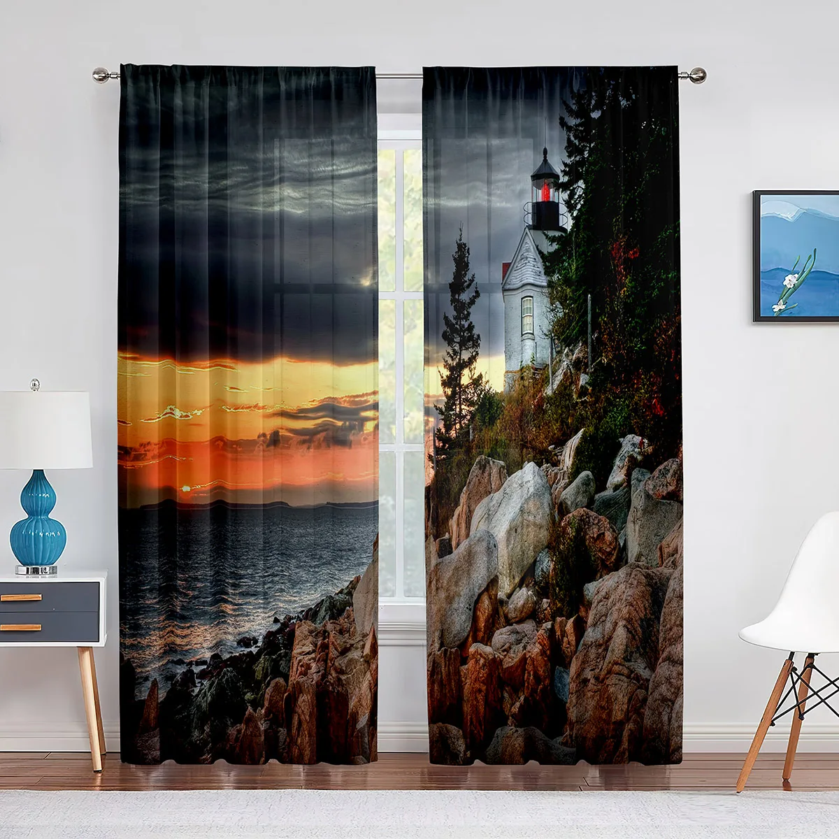 Lighthouse Sunrise Sea Coast Scenery Sheer Voile Curtain for Living Room Bedroom Kitchen Modern Tulle Window Curtain Home Decor