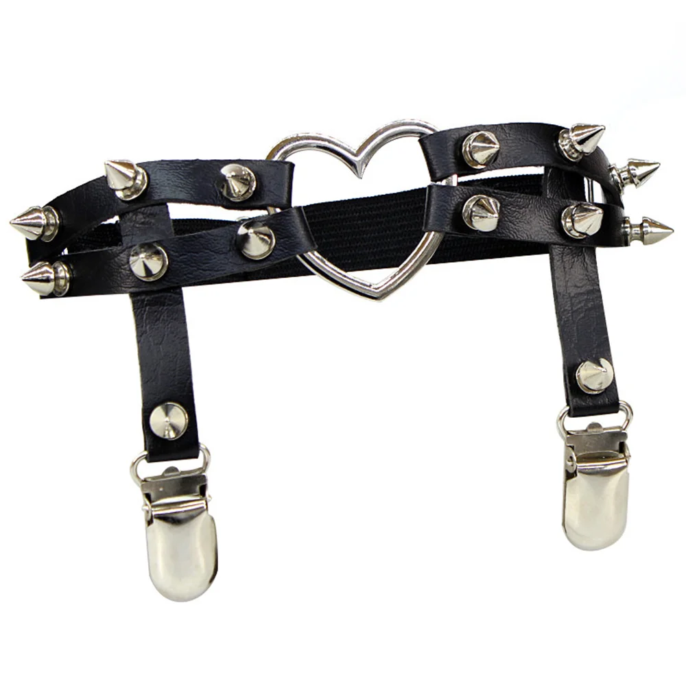 New 80s Punk Goth Round Bow Heart PU Leather Elastic Leg Chain Rings Body Jewelry On The Legs Elastic Body Suspender Jewelry