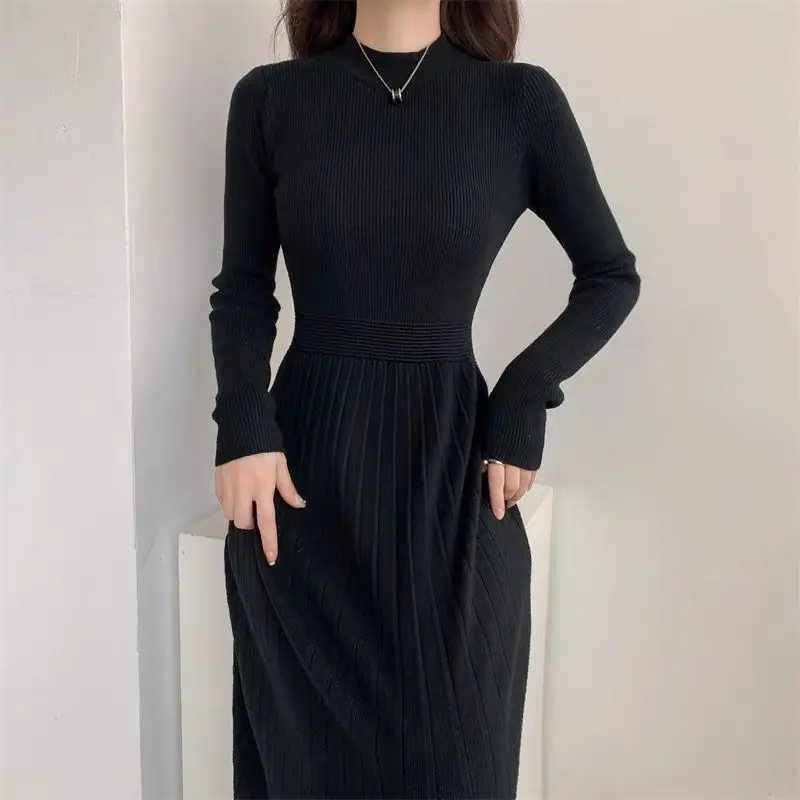 Autumn Winter French Chic Below Knee Knitted Dress Refined Pullover Premium Base Layer Midi Gown