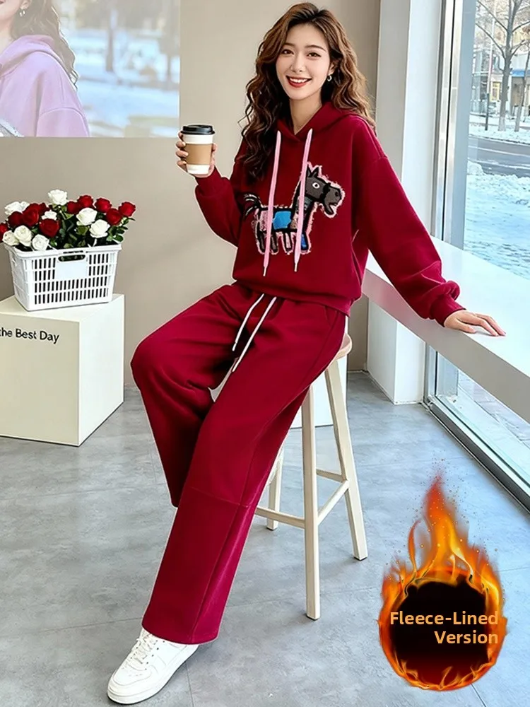 

Fleece Lined Red Casual Sportswear Set Women's Winter High Waist Wide Leg Pants Hoodie Two Piece Set Youthful Cute Fashionable