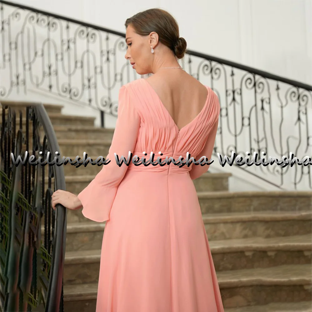 Weilinsha coral chiffon mãe da noiva vestido plissado mangas compridas com decote em v até o chão da festa de casamento convidado formatura vestidos