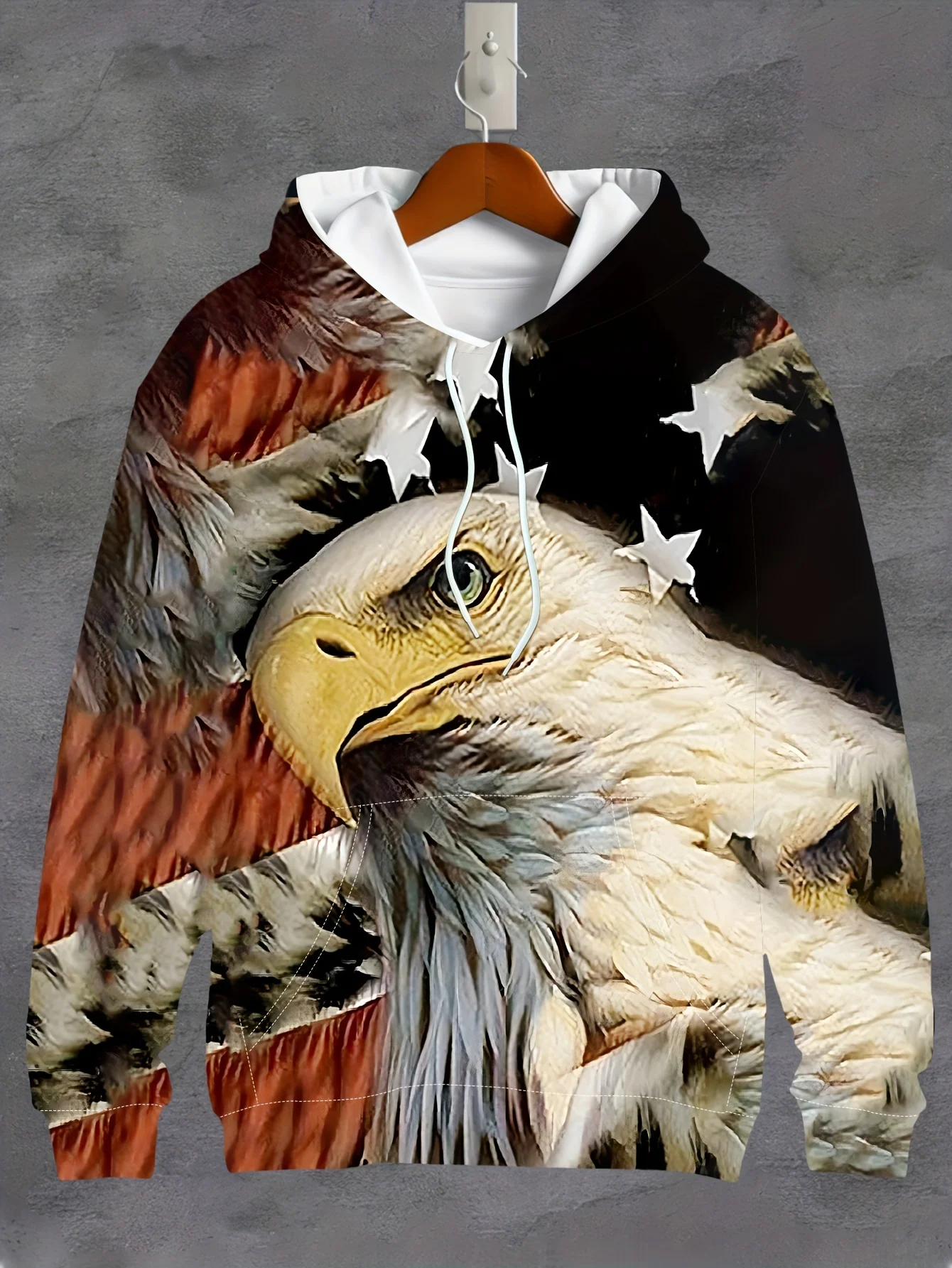 Spring Spirit, Men's 3D Eagle & American Flag Print Hoodie Casual Long Sleeve Drawstring Pocket Fashionable Pullover for Spring