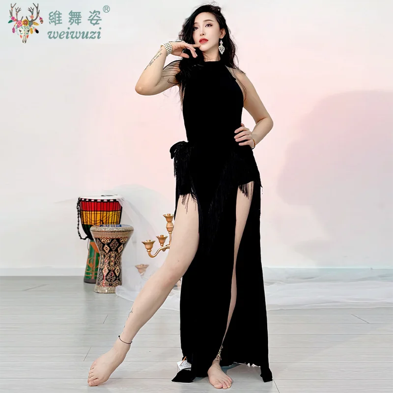 

Женское платье для тренировок по восточным танцам из модала, с открытой спиной, с высоким разрезом, облегающее, сексуальное, для танцовщиц, тренировочный костюм