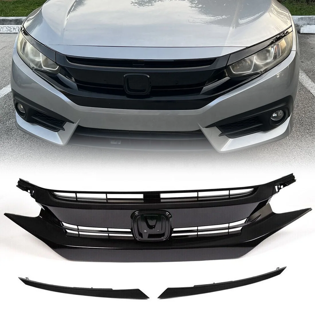 Car Grill Front Grille for 2016-2018 Honda Civic Sedan/Hatchback Glossy Black ABS