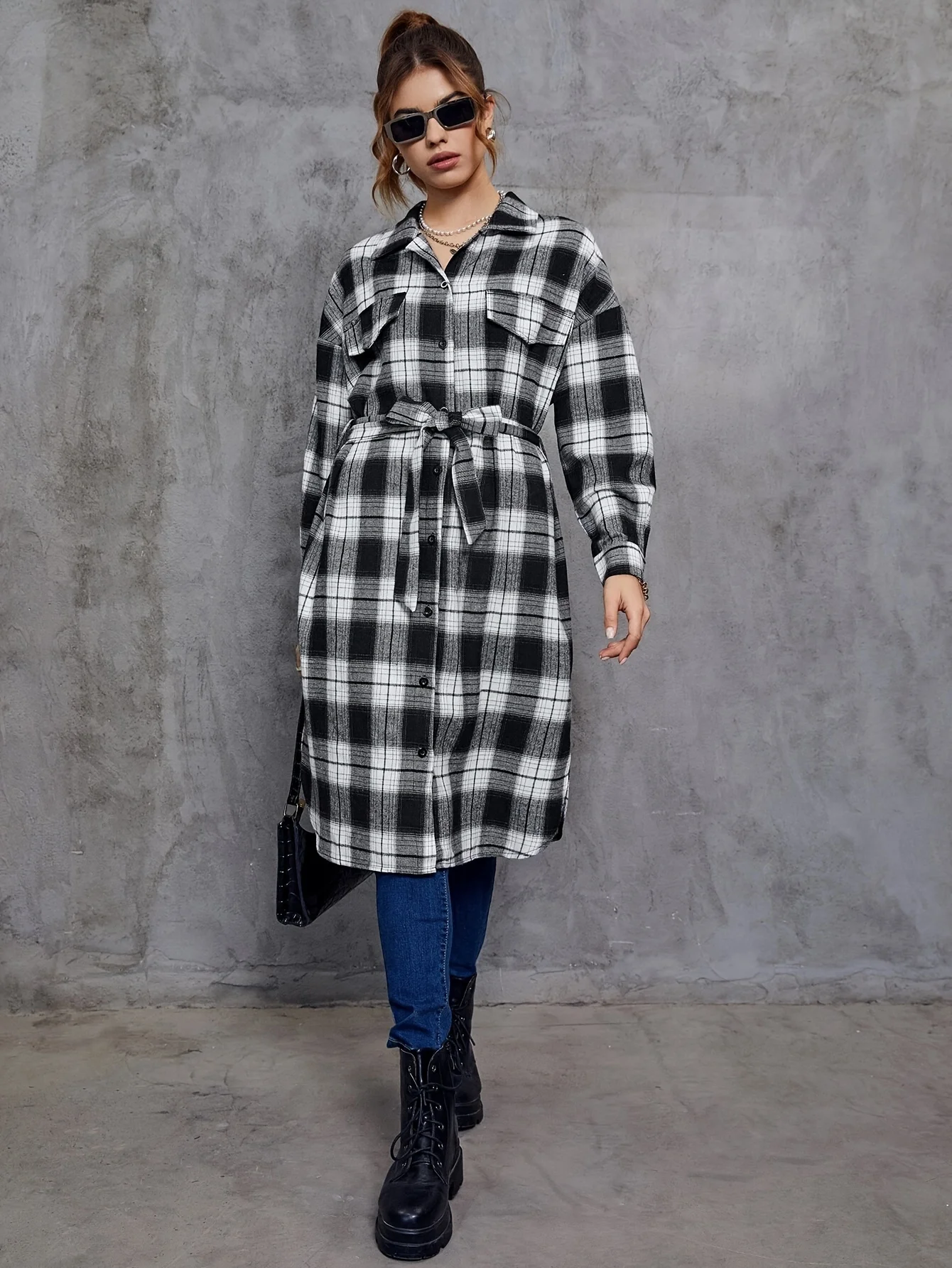 Chemise à manches longues à carreaux pour femmes, chemise longue avec ceinture, élégante, printemps/automne, pour les déplacements quotidiens