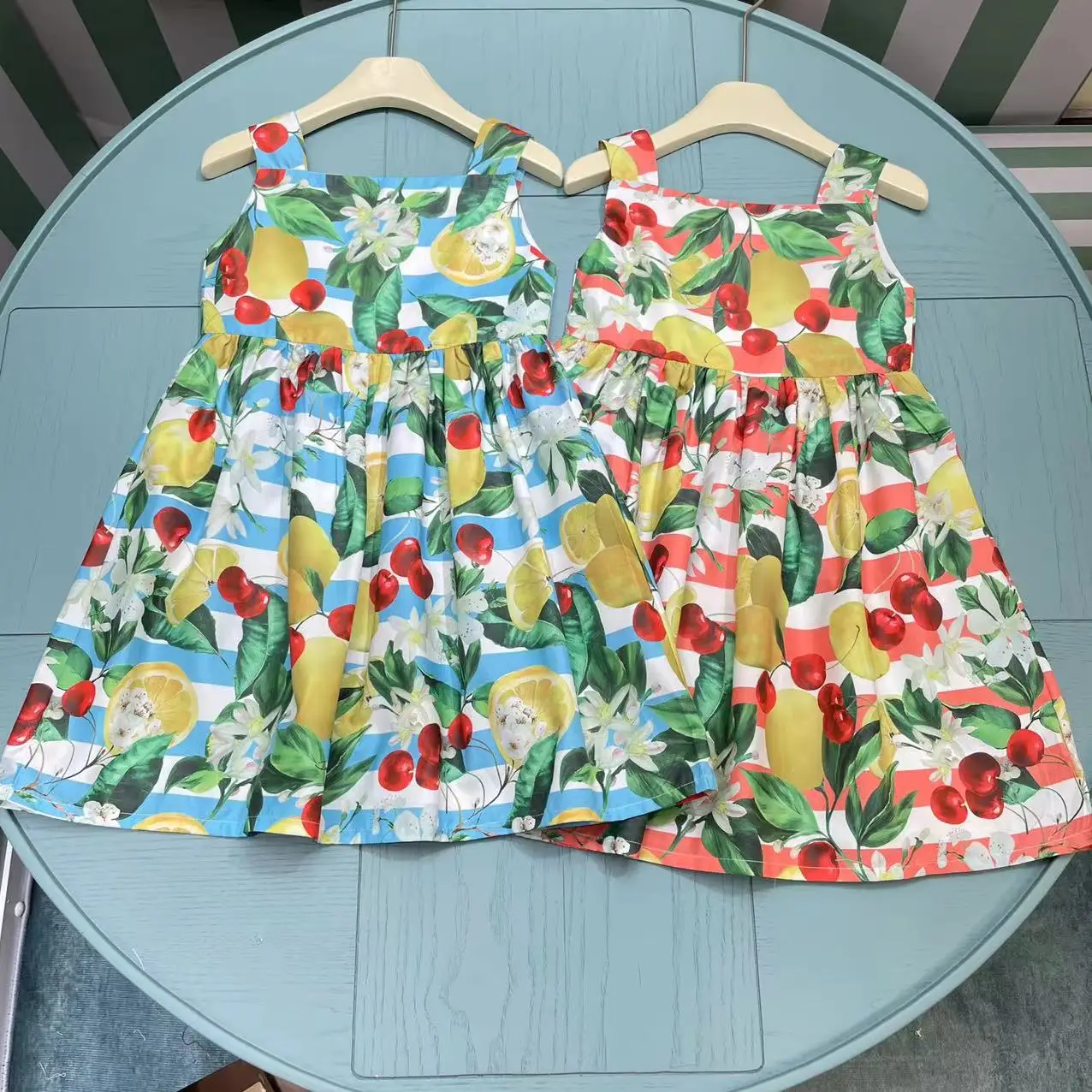 

2024 Summer New Fashion Design Floral Printed Short Sleeve Dress cherry letter Print Dress For Baby Girls