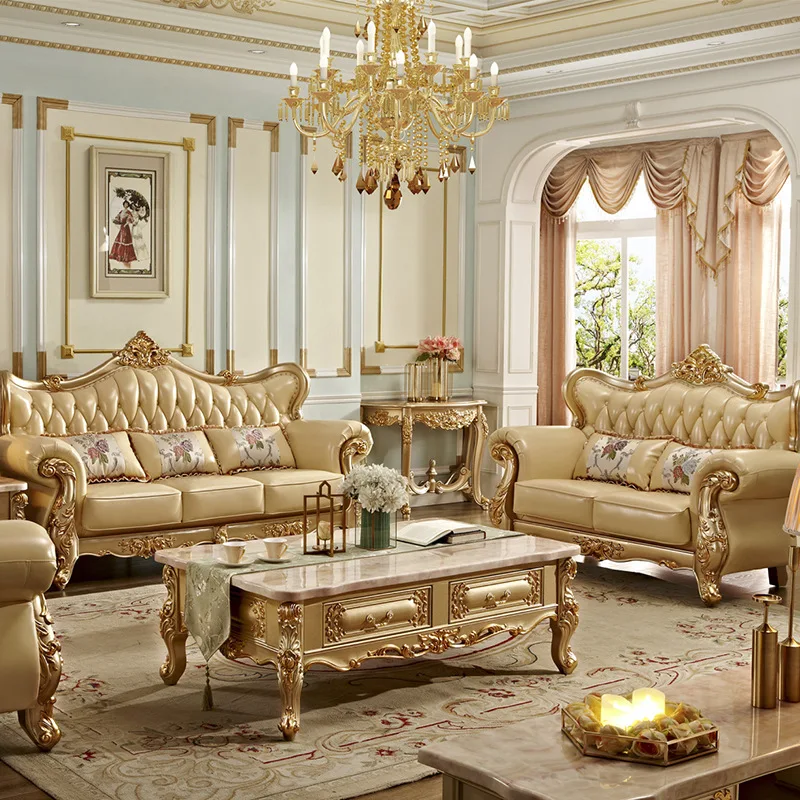 European Leather Sofa 123 Combination Living Room Solid Wood Carving Flower Gold First Layer Cowhide Large And Small Apartment V