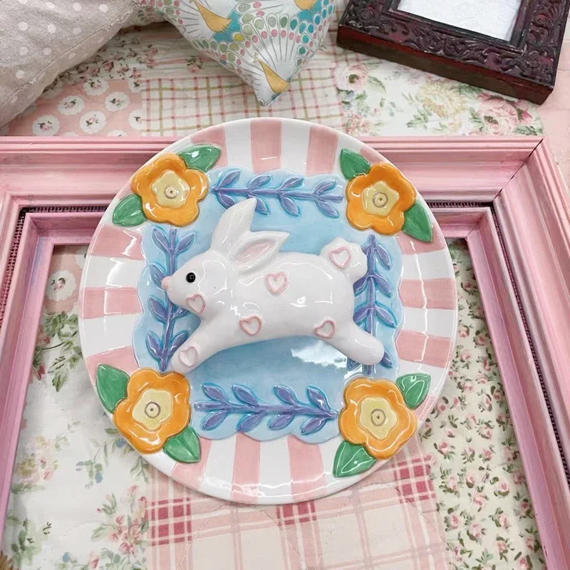 

Hand-painted ceramic rabbit flower decoration hanging plate home decoration plate gifts