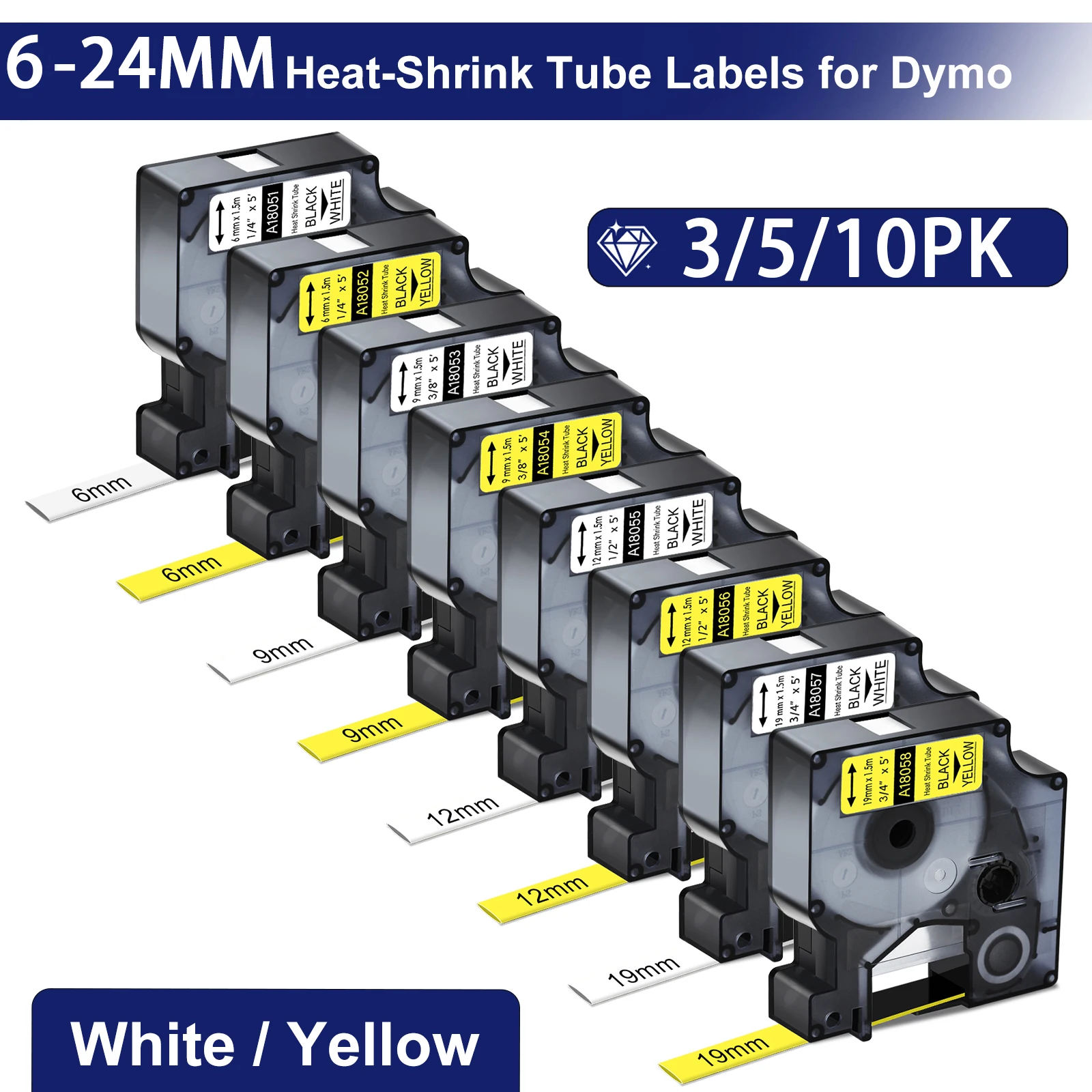 3/5/10PK Label Tape Compatible for Dymo 18052 18055 Heat Shrink Tube Label for DYMO Rhion 4200 5200 Label Maker