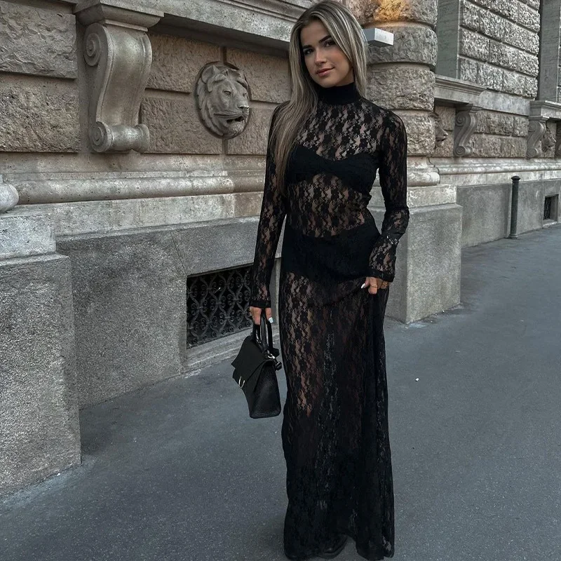 Autumn Sexy Lace See Through Bodycon Maxi Dresses for Women Elegant Turtleneck Long Sleeve Hollow Out Dresses Party Outfits 2023