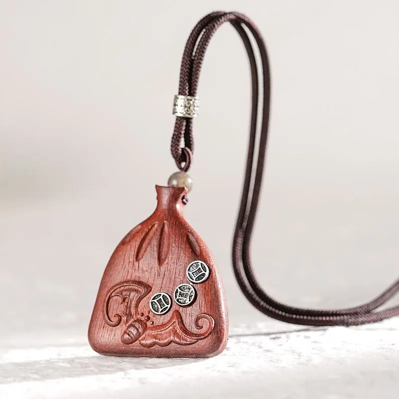 Handcrafted Natural Sandalwood Fortune Pouch Pendant Bohemian Style Adjustable Layering Necklace for Women Linen Blend Cord