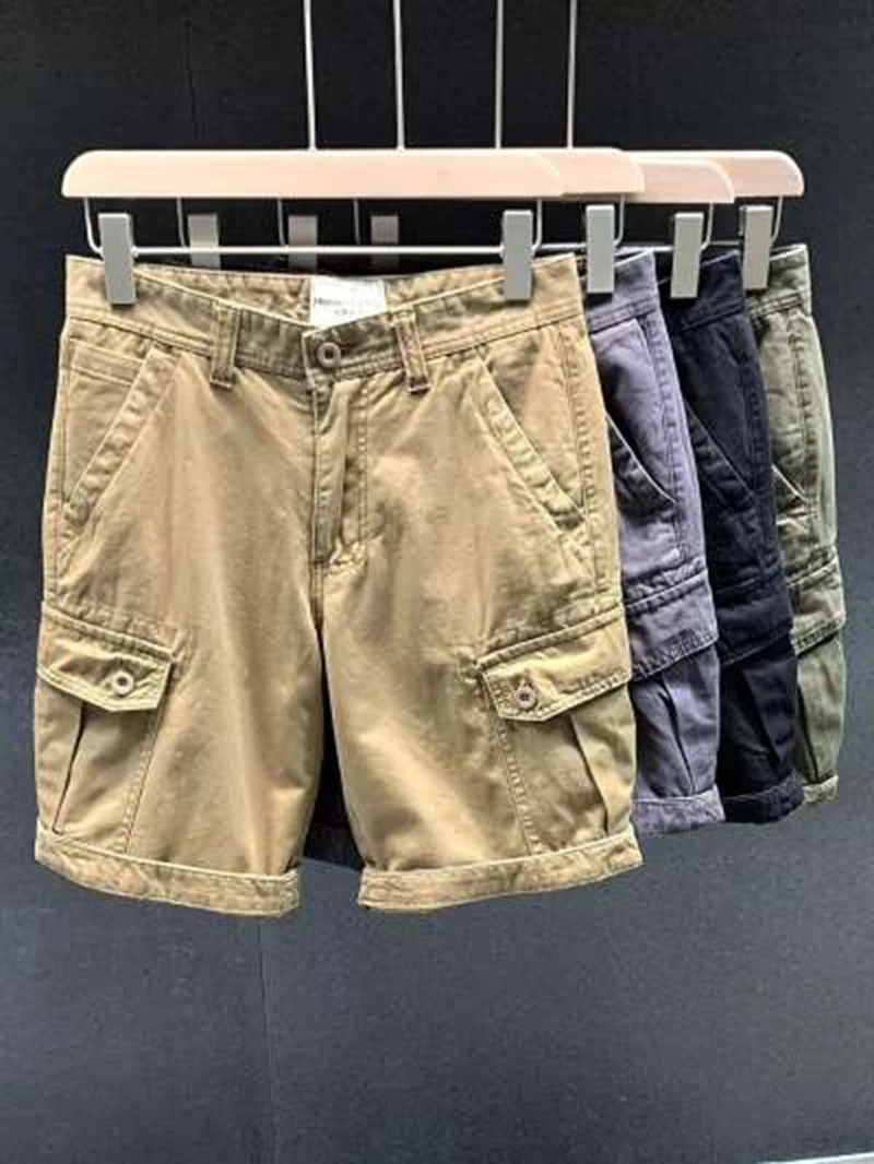 Mens Cargo Shorts Pockets Zipper Button Solid Bermuda Short Pants for Men Strech Luxury Wide Jogger Y2k Knee Length Cotton Khaki