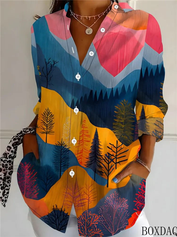 Women's Autumn Loose Blouse New Casual Long Sleeved Lapel Single Breasted 3D Landscape Pattern Printed Shirts Women's Clothing