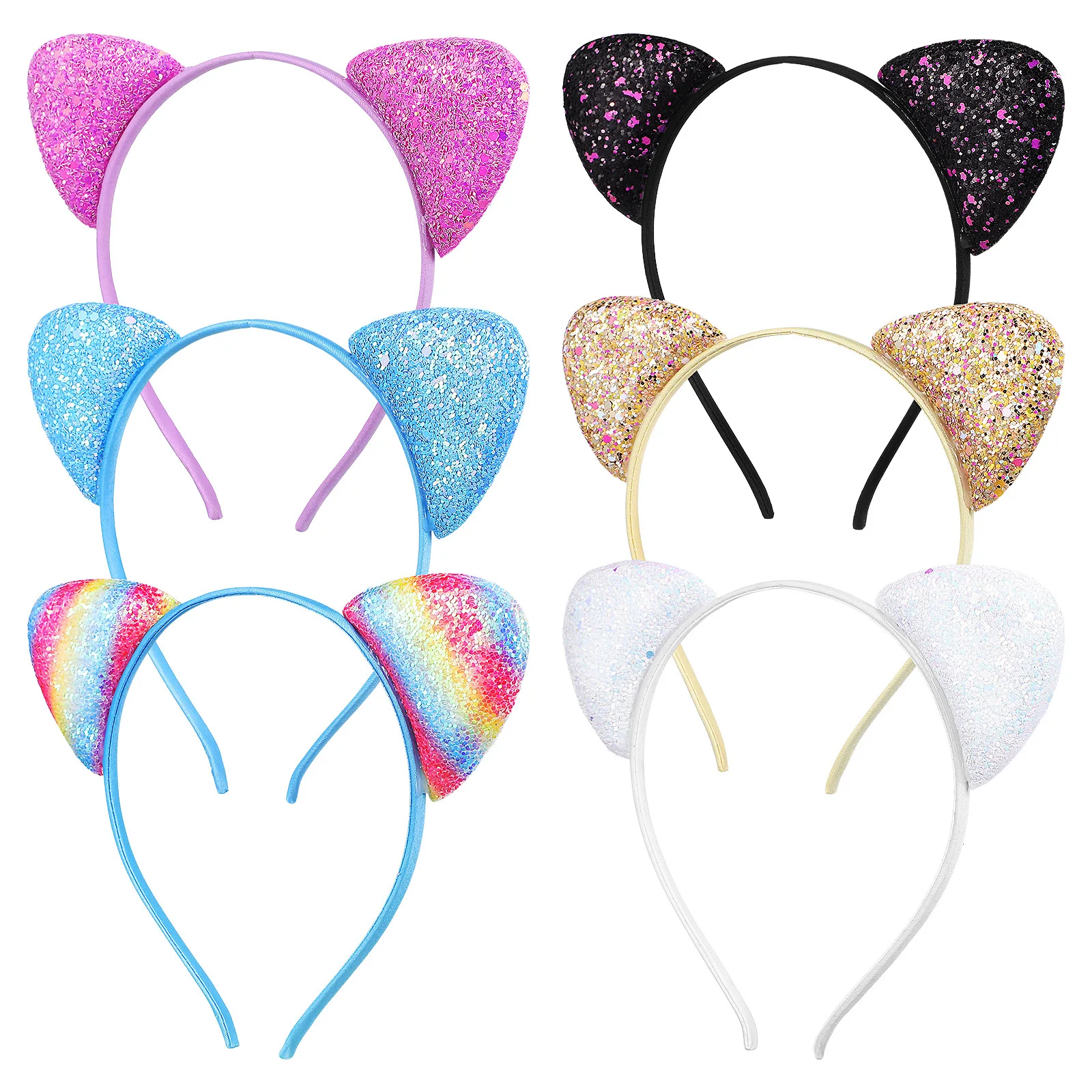 

6Pcs Cat Ears Headband Shiny Sequin Design Cute Glitter Kitten Hair Accessories for Halloween Party Cosplay Masquerade Wear