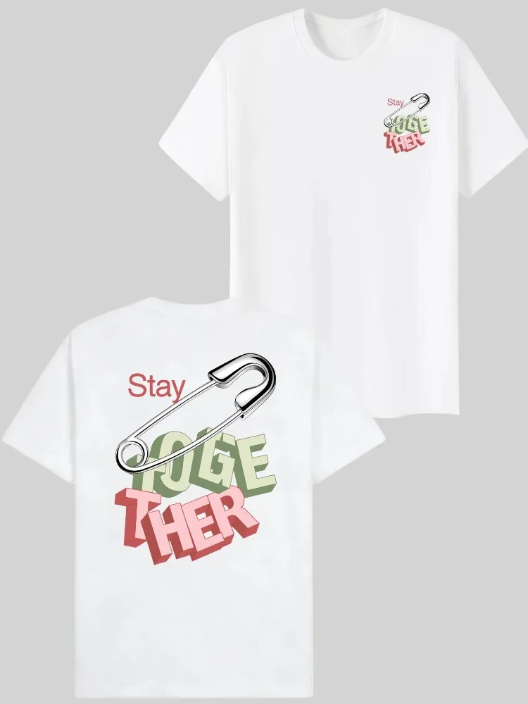 Stylish Womens Summer Crew-neck Short-sleeve T-shirt Featuring The Phrase Stay Together and A Metallic Pin Design—a Trendy Shirt