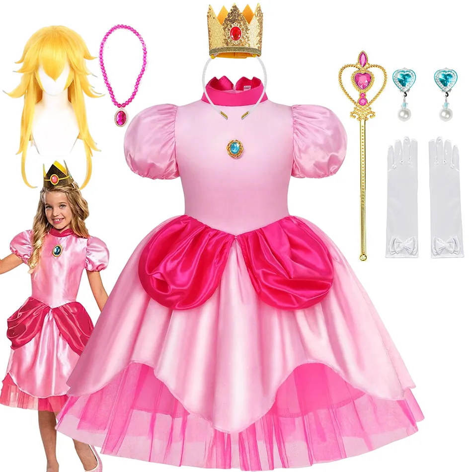 

Comic Con Classic Anime Costume Peach Princess Dress for Girls Carnival Cosplay Halloween Role Play Game NPC Peach Disguise Robe