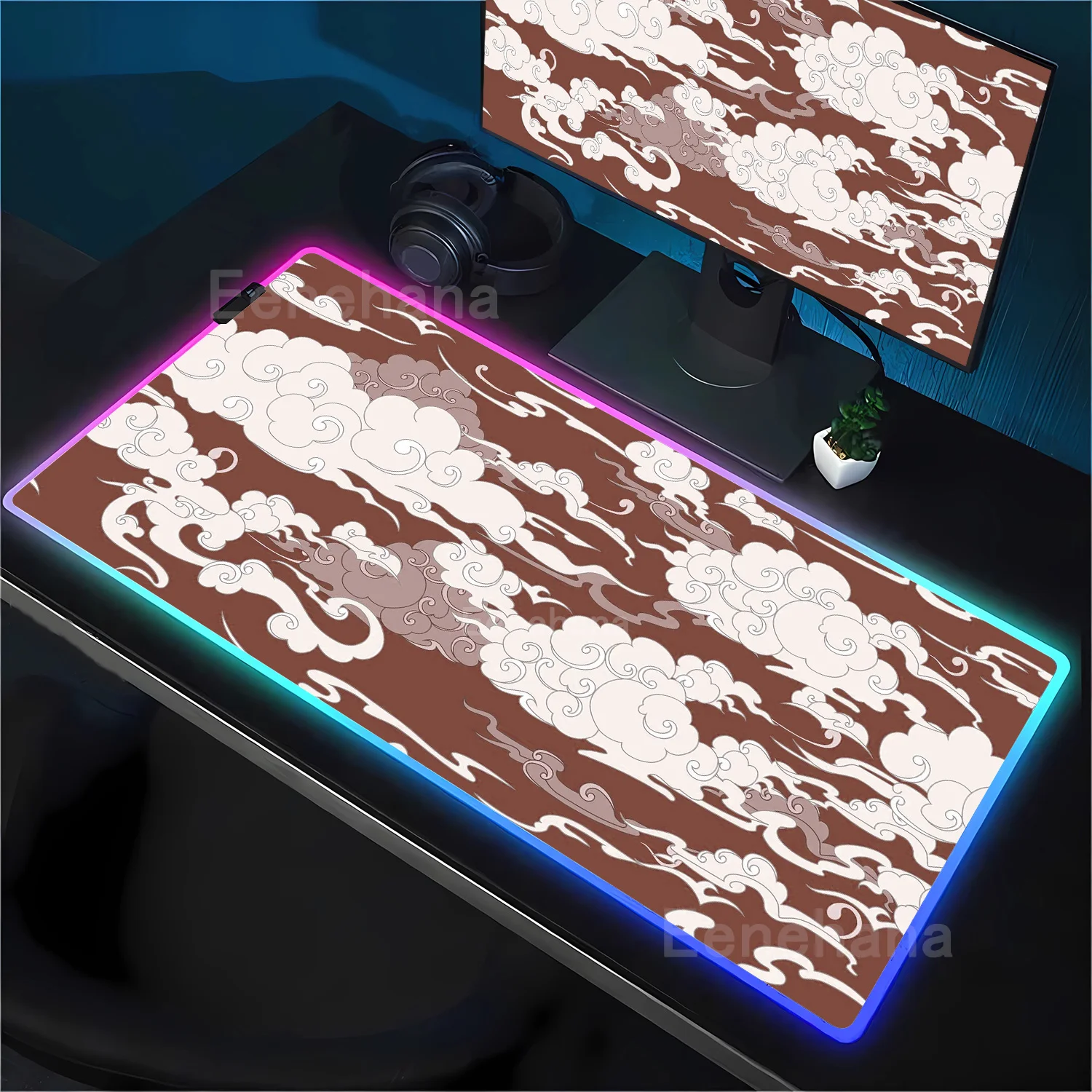 RGB Game Table Mat Kawaii Mice Mat green Cute Desk mat LED Backlight Aesthetic Cloud Sky offices accessories overlock Mousepad