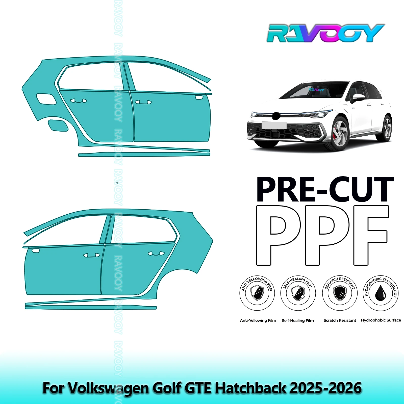 

For Volkswagen Golf GTE Hatchback 2025-2026 8.5mil Clear Matte Pre-Cut PPF Door & A/B Pillar Kit TPU Paint Protection Film Set
