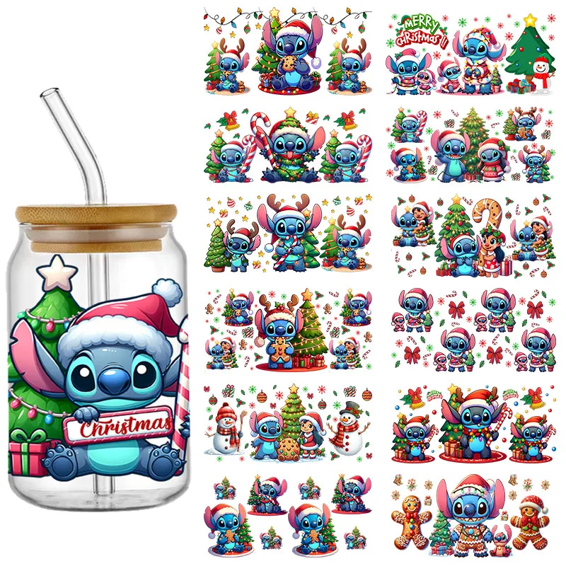 Christmas Disney's Lilo & Stitch UV DTF Transfer Stickers Cup Wraps For 16oz Bottle Glass Can Self-adhesive waterproof Decals