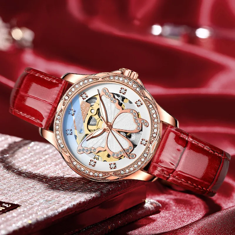 Compact, Light and Luxurious, Fashionable Butterfly Dial Automatic Mechanical Watch for Women, High-End Diamond-Encrusted Waterproof Fully Automatic Mechanical Watch for Women, Hollow Design, the Best Gift for Her, No Batteries Required