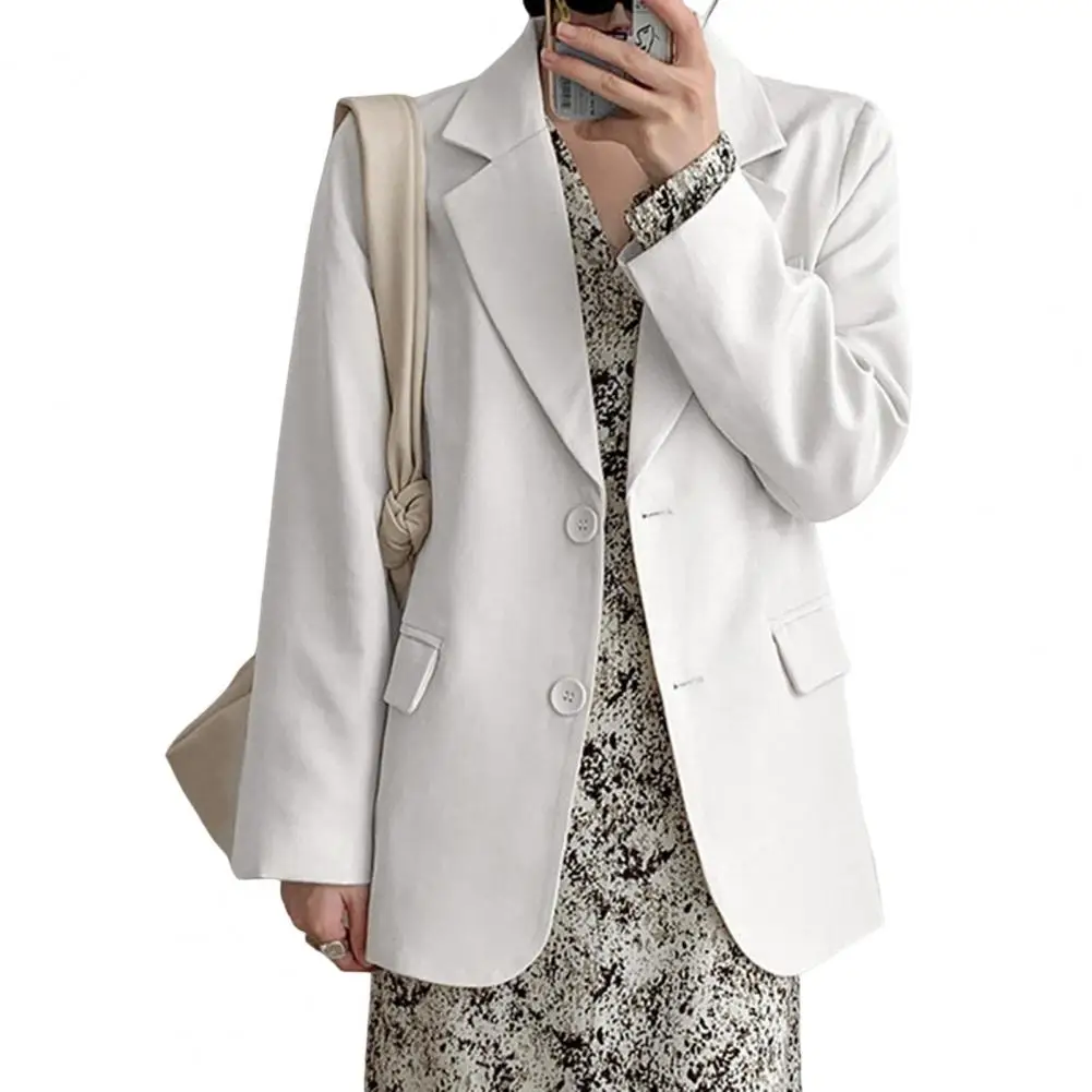 Spring Autumn Suit Coat Elegant Women's Suit Coat with Lapel Flap Pockets for Business Outwear British Style White for Spring